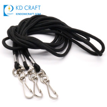 2020 custom rope cord neck strap blank polyester plain double clip black elastic round woven lanyard with safety clips hook